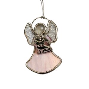 Ganz Pink Stained Glass Suncatcher Angel with Cat Ornament. About 2.5" Tall